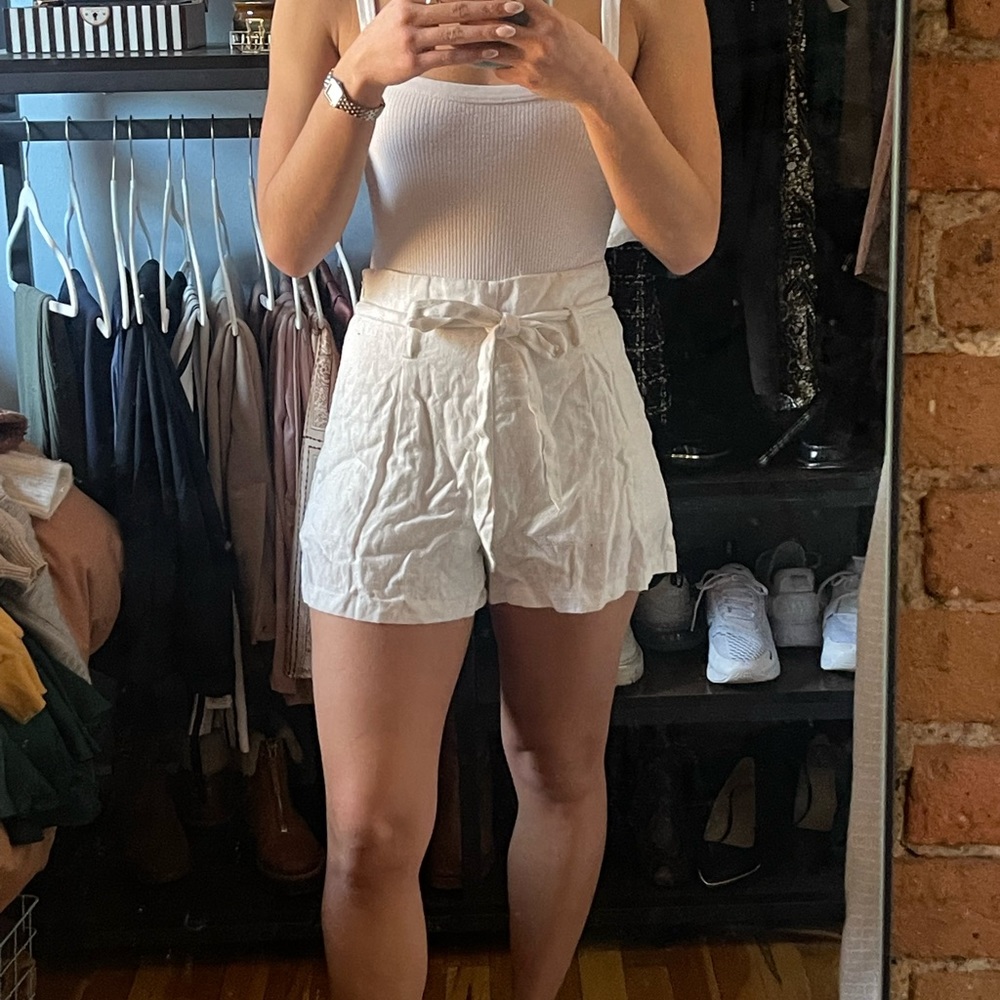 White Linen Shorts with Tie Belt